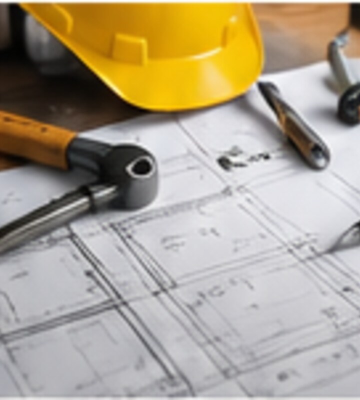 Construction plans and tools representing real estate industry professionals