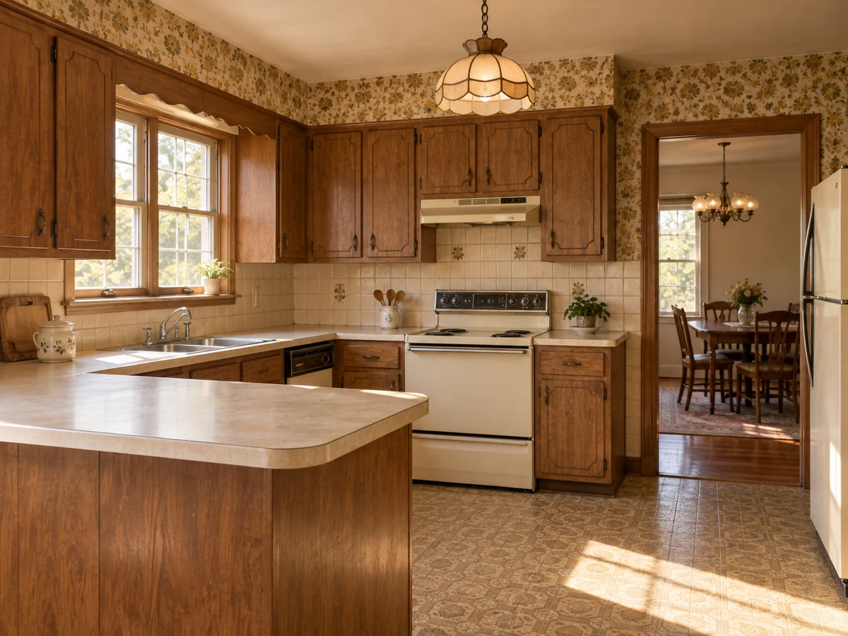 Illustrative older kitchen with dated cabinetry, wallpaper and appliances.